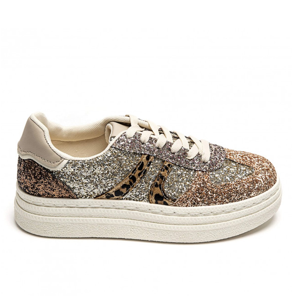 Γυναικεία sneakers με κορδόνια και glitter, λεοπαρ