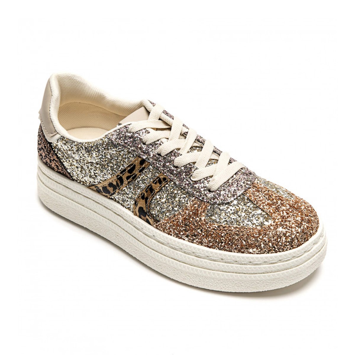 Γυναικεία sneakers με κορδόνια και glitter, λεοπαρ