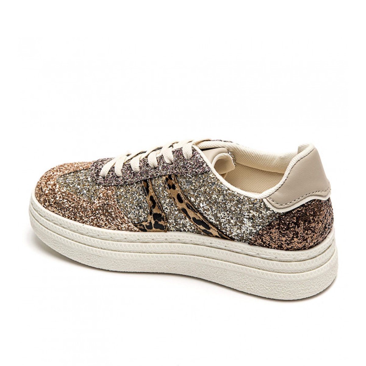 Γυναικεία sneakers με κορδόνια και glitter, λεοπαρ