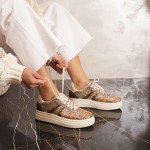 Γυναικεία sneakers με κορδόνια και glitter, λεοπαρ