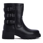 Μαύρα γυναικεία biker boots με λουράκια στο πίσω μέρος