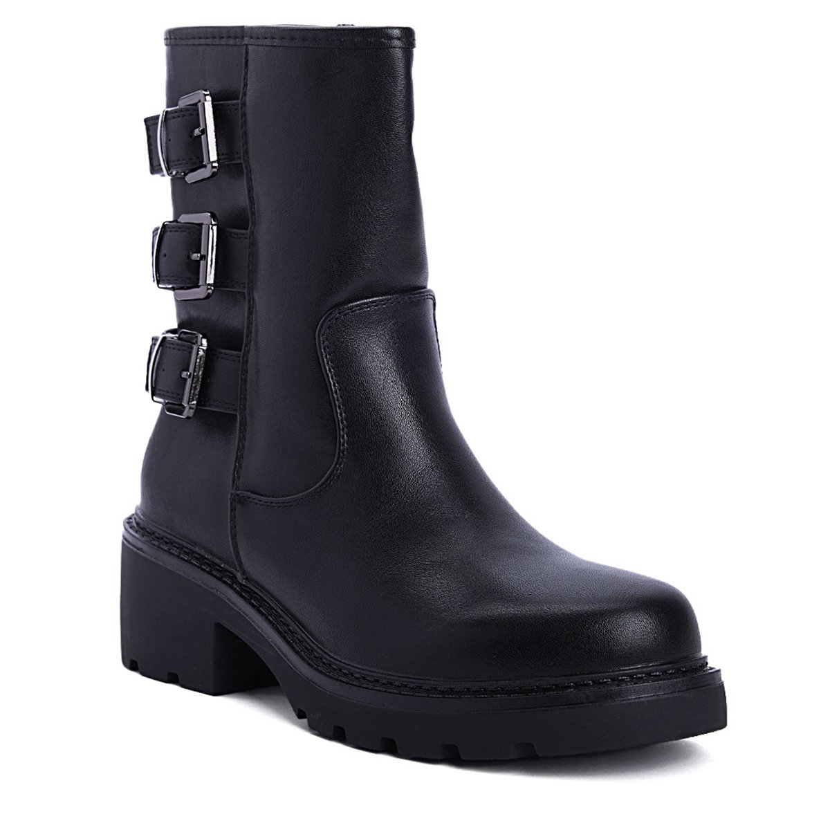 Μαύρα γυναικεία biker boots με λουράκια στο πίσω μέρος