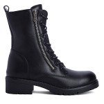 Γυναικεία biker boots με φερμουάρ και κορδόνια, μαύρο