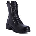 Γυναικεία biker boots με φερμουάρ και κορδόνια, μαύρο