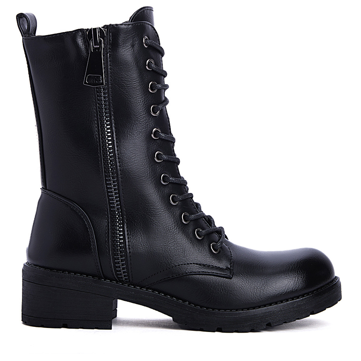 Μαύρα γυναικεία biker boots με φερμουάρ και κορδόνια