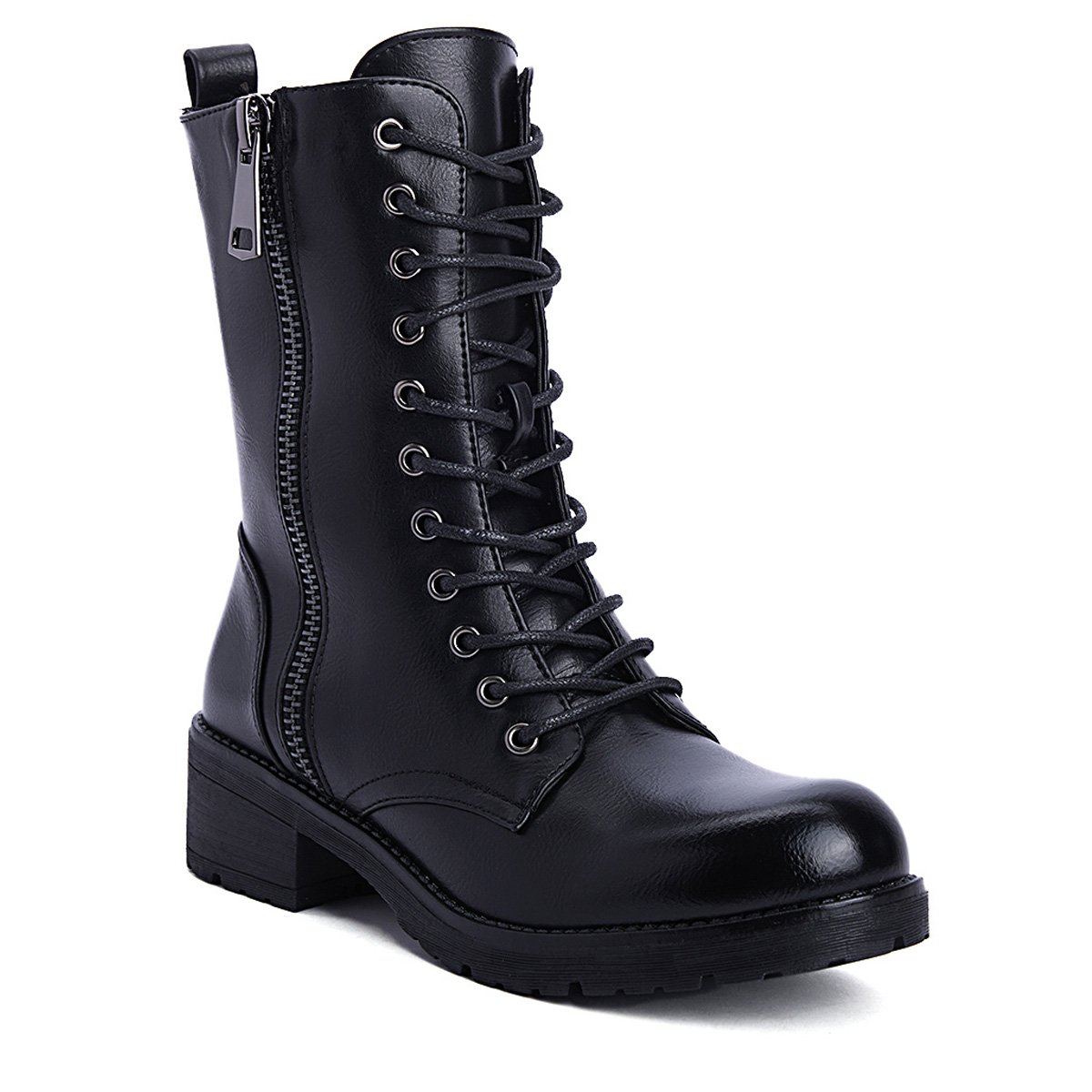 Μαύρα γυναικεία biker boots με φερμουάρ και κορδόνια